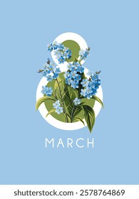 International Women's Day, March 8th greeting card. Vector illustration with forget-me-not flowers.