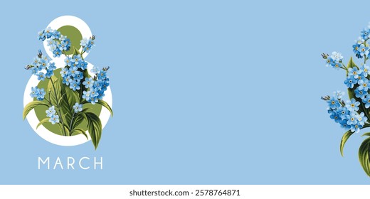 International Women's Day, March 8th greeting card. Vector illustration with forget-me-not flowers.