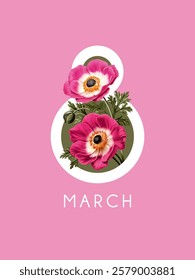 International Women's Day, March 8th greeting card. Vector illustration with pink anemone flowers.