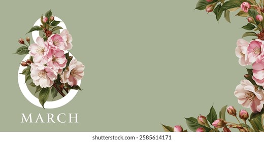 International Women's Day, March 8th greeting card. Vector illustration with blooming sakura.