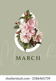 International Women's Day, March 8th greeting card. Vector illustration with blooming sakura.