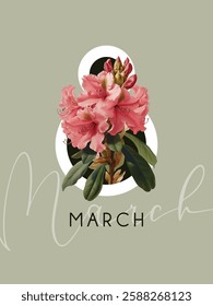 International Women's Day, March 8th greeting card. Vector illustration with blooming rhododendron.