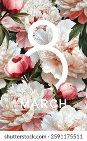 International Women's Day, March 8th greeting card. Vector illustration with blooming peonies.
