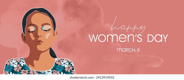 Día Internacional de la Mujer, 8 de marzo. Cartel con hermosos antecedentes de chica y acuarela. Ilustración vectorial.