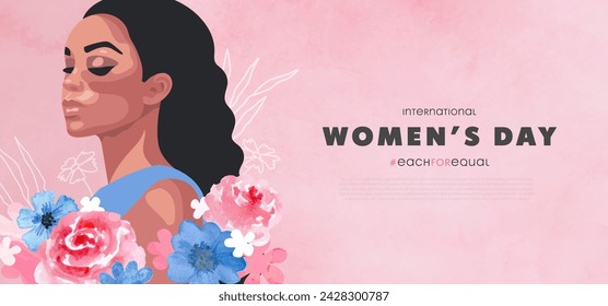 International Women's Day , March 8th.Banner with beautiful girl and watercolor flowers. Vector illustration