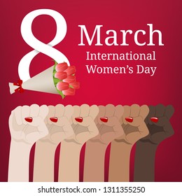 International Women's Day. Women's March. Multinational Equality. Female hand with her fist raised up. Girl Power. Feminism concept. Vector illustration for Your Design.