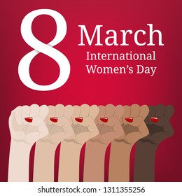 International Women's Day. Women's March. Multinational Equality. Female hand with her fist raised up. Girl Power. Feminism concept. Vector illustration for Your Design.