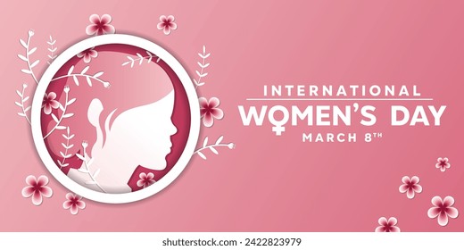 International Women's Day, March. Women and flower. Cards, banners, posters, social media and more. Pink Background