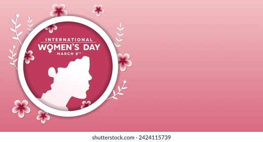International Women's Day, March. Women and flower. Area for text. Cards, banners, posters, social media and more. Pink Background