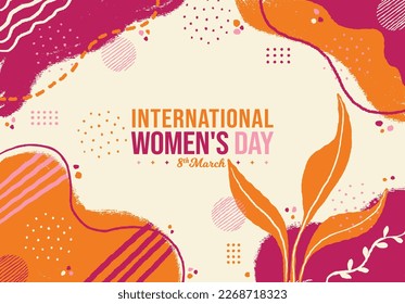 International Women's Day Memphis concept Background. March 08 colorful celebration poster. Horizontal banner vector illustration. Website header, social media post, greeting card graphic resource	