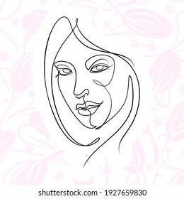 International Women's Day minimal design line drawing style. Portrait of young woman beauty face isolated on pastel leaf background. Vector for Spa, fashion, hairdressing and beautiful artwork design.