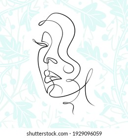 International Women's Day minimal design line drawing style. Portrait of young woman beauty face isolated on pastel leaf background. Vector for Spa, fashion, hairdressing and beautiful artwork design.