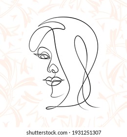 International Women's Day minimal design line drawing style. Portrait of young woman beauty face isolated on pastel leaf background. Vector for Spa, fashion, hairdressing and beautiful artwork design.