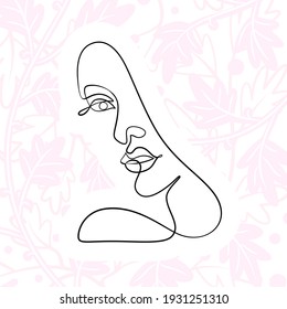 International Women's Day minimal design line drawing style. Portrait of young woman beauty face isolated on pastel leaf background. Vector for Spa, fashion, hairdressing and beautiful artwork design.