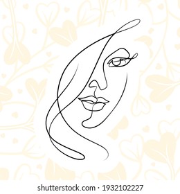 International Women's Day minimal design line drawing style. Portrait of young woman beauty face isolated on pastel leaf background. Vector for Spa, fashion, hairdressing and beautiful artwork design.