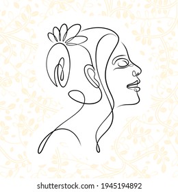 International Women's Day minimal design line drawing style. Portrait of young woman beauty face isolated on pastel leaf background. Vector for Spa, fashion, hairdressing and beautiful artwork design.