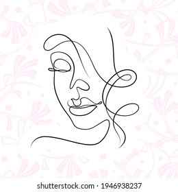 International Women's Day minimal design line drawing style. Portrait of young woman beauty face isolated on pastel leaf background. Vector for Spa, fashion, hairdressing and beautiful artwork design.