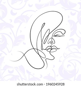 International Women's Day minimal design line drawing style. Portrait of young woman beauty face isolated on pastel leaf background. Vector for Spa, fashion, hairdressing and beautiful artwork design.