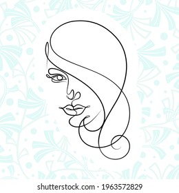 International Women's Day minimal design line drawing style. Portrait of young woman beauty face isolated on pastel leaf background. Vector for Spa, fashion, hairdressing and beautiful artwork design.