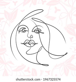 International Women's Day minimal design line drawing style. Portrait of young woman beauty face isolated on pastel leaf background. Vector for Spa, fashion, hairdressing and beautiful artwork design.