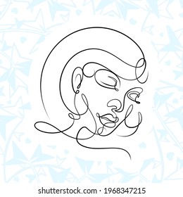 International Women's Day minimal design line drawing style. Portrait of young woman beauty face isolated on pastel leaf background. Vector for Spa, fashion, hairdressing and beautiful artwork design.