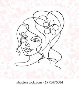 International Women's Day minimal design line drawing style. Portrait of young woman beauty face isolated on pastel leaf background. Vector for Spa, fashion, hairdressing and beautiful artwork design.
