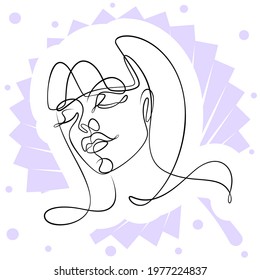 International Women's Day minimal design line drawing style. Portrait of young woman beauty face isolated on purple leaf background. Vector for Spa, fashion, hairdressing and beautiful artwork design.
