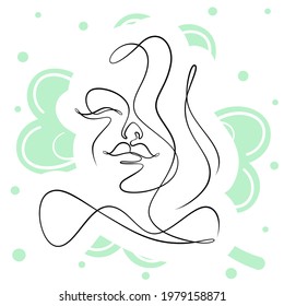 International Women's Day minimal design line drawing style. Portrait of young woman beauty face isolated on green leaf background. Vector for Spa, fashion, hairdressing and beautiful artwork design.