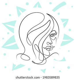 International Women's Day minimal design line drawing style. Portrait of young woman beauty face isolated on green leaf background. Vector for Spa, fashion, hairdressing and beautiful artwork design.