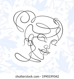 International Women's Day minimal design line drawing style. Portrait of young woman beauty face isolated on pastel leaf background. Vector for Spa, fashion, hairdressing and beautiful artwork design.