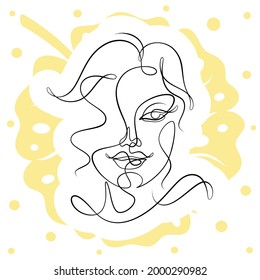 International Women's Day minimal design line drawing style. Portrait of young woman beauty face isolated on yellow leaf background. Vector for Spa, fashion, hairdressing and beautiful artwork design.