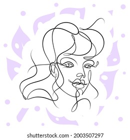 International Women's Day minimal design line drawing style. Portrait of young woman beauty face isolated on purple leaf background. Vector for Spa, fashion, hairdressing and beautiful artwork design.