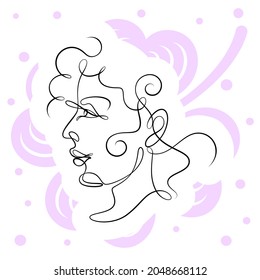 International Women's Day minimal design line drawing style. Portrait of young woman beauty face isolated on purple leaf background. Vector for Spa, fashion, hairdressing and beautiful artwork design.