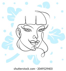 International Women's Day minimal design line drawing style. Portrait of young woman beauty face isolated on blue leaf background. Vector for Spa, fashion, hairdressing and beautiful artwork design.