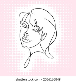 International Women's Day minimal design line drawing style. Portrait of young woman beauty face isolated on pink halftone background. Vector for Spa, fashion, hairdressing and beautiful artwork.