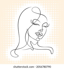 International Women's Day minimal design line drawing style. Portrait of young woman beauty face isolated on yellow halftone background. Vector for Spa, fashion, hairdressing and beautiful artwork.
