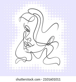 International Women's Day minimal design line drawing style. Portrait of young woman beauty face isolated on purple halftone background. Vector for Spa, fashion, hairdressing and beautiful artwork.