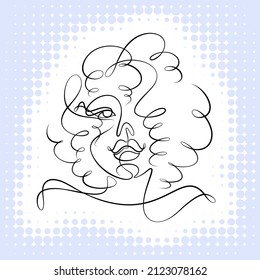 International Women's Day minimal design line drawing style. Portrait of young woman beauty face isolated on blue halftone background. Vector for Spa, fashion, hairdressing and beautiful artwork.