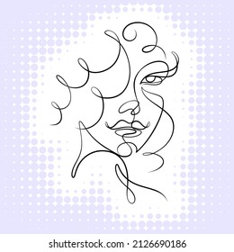 International Women's Day minimal design line drawing style. Portrait of young woman beauty face isolated on purple halftone background. Vector for Spa, fashion, hairdressing and beautiful artwork.