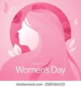 International Women's Day. Modern women of different nationalities and religions stick together. Postcard pink background. Vector.