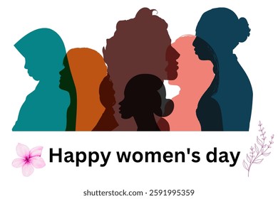 International Women's Day. Modern women of different nationalities and religions stick together. Postcard white background.