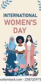 International Women's Day, Women's Month, Feminism. Women of different skin colors and hairstyles on a delicate floral background. Gender equality and women's empowerment. Illustration for women's 