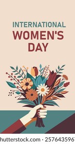 International Women's Day. Women's Month, Mother's Day. Spring bouquet of wild flowers in a woman's hand. Vector flat illustration in dark top restrained colors with space for text