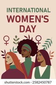 International Women's Day, Women's Month. Women of different skin colors, nationalities and cultures stand together for freedom and empowerment. Vector illustration with space for text