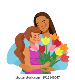 International Women's Day. Mother and daughter. Spring holiday on 8 March . Flat vector Illustration.