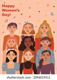 International women's day. Multinational diverse group of women. Hand drawn vector cartoon style illustration. Poster, social media post, greeting card.
