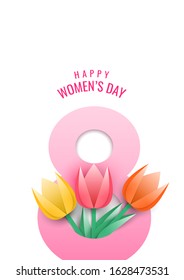 International women's day. Number 8 cut out of paper with three multi-colored paper tulips. Poster template for Celebrating Happy Mothers Day event party. Vector illustration