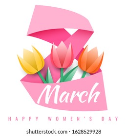 International women's day. Number 8 cut out of paper with three multi-colored paper tulips. Poster template for Celebrating Happy Mothers Day event party. Vector illustration