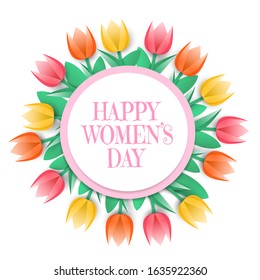 International women's day. Number 8 cut out of paper with three multi-colored paper tulips. Poster template for Celebrating Happy Mothers Day event party. Vector illustration