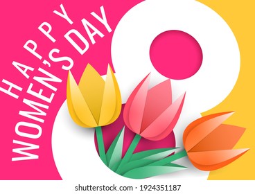 Día Internacional de la Mujer. Número 8 corte de papel con tres tulipanes de papel multicolor. Plantilla de afiches para la fiesta de celebración del Día de la Madre Feliz. Ilustración del vector